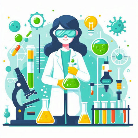 Scientist working in laboratory. Vector illustration in flat cartoon style.のイラスト素材