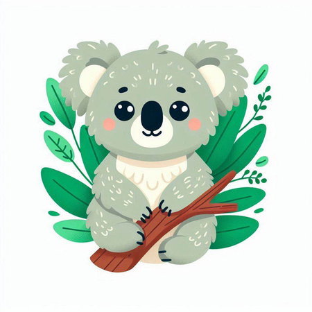 Cute cartoon koala with a branch and leaves. Vector illustration.のイラスト素材