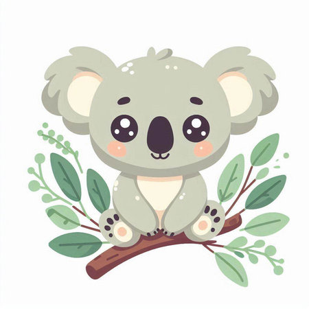 Cute koala on a branch with leaves. Vector illustration.のイラスト素材