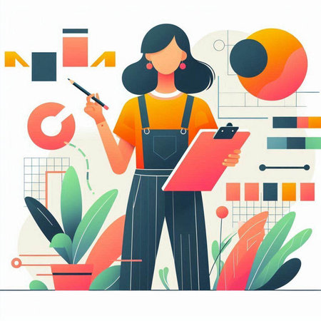 Vector illustration of a woman with a clipboard in her hands. Business concept.のイラスト素材