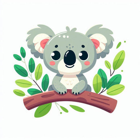 Cute koala with green leaves. Vector illustration on white background.のイラスト素材