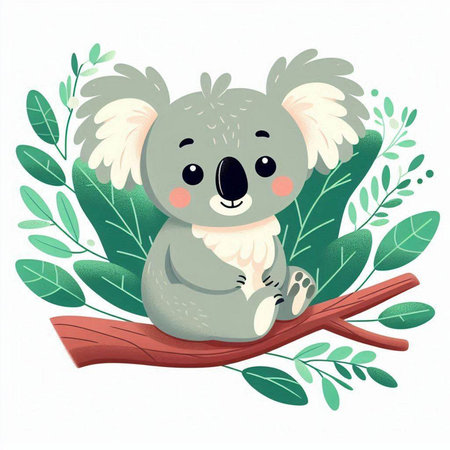 Cute cartoon koala sitting on eucalyptus branch. Vector illustration.のイラスト素材