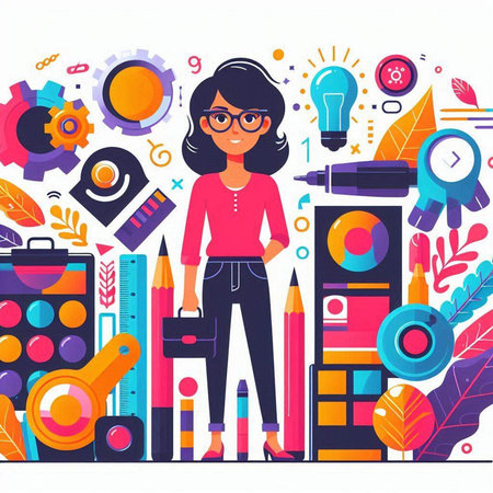 Beautiful young businesswoman standing in front of office supplies. Vector illustration.のイラスト素材
