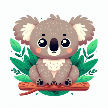 Cute koala sitting on a log with green leaves. Vector illustration.のイラスト素材