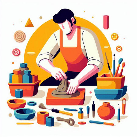 Painter in apron works with clay. Vector illustration in flat styleのイラスト素材