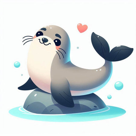Cute seal on the rock. Cartoon character. Vector illustration.のイラスト素材