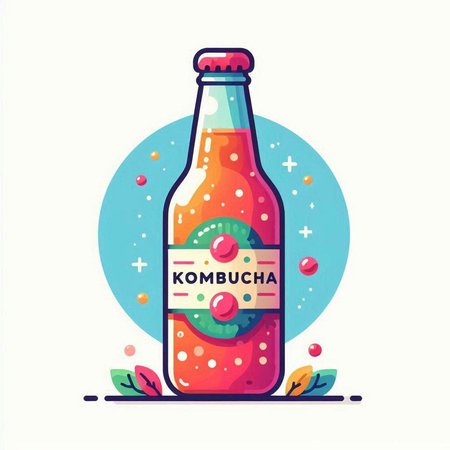 Kombucha vector illustration. Hand drawn kombucha drink in glass bottle.のイラスト素材
