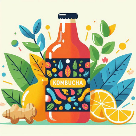 Bottle of Kombucha with ingredients and fruits. Vector illustration.のイラスト素材