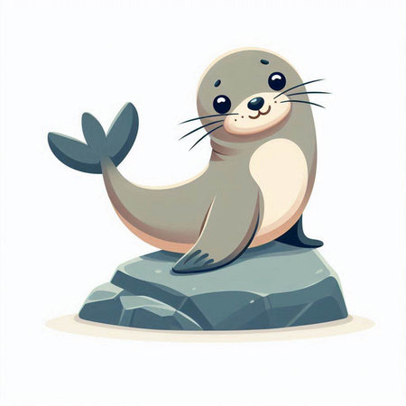 Cute cartoon seal sitting on a rock. Vector illustration isolated on white background.のイラスト素材