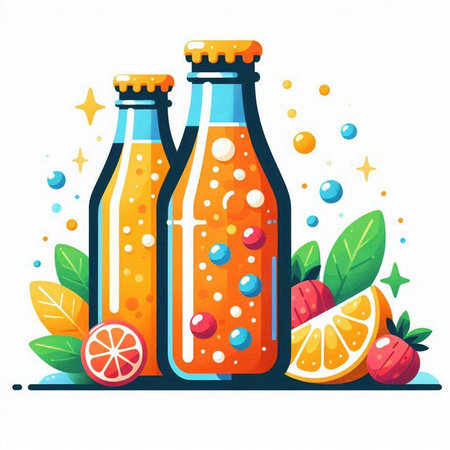 Bottles of orange juice with fruits and berries. Vector illustration.のイラスト素材