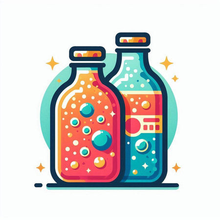 Bottles with water and bubbles. Colorful flat vector illustration.のイラスト素材