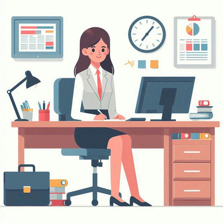 Businesswoman sitting at desk in office. Vector illustration in flat styleのイラスト素材