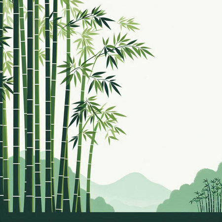 Bamboo background with mountains and forest. Vector illustration. Can be used as a greeting card.のイラスト素材