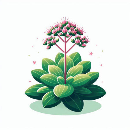 Illustration of succulent plant with pink flowers and green leaves.のイラスト素材