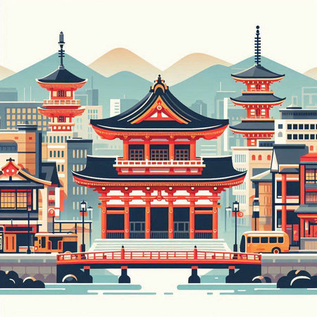Vector illustration of chinese ancient buildings in the city. Retro style.のイラスト素材