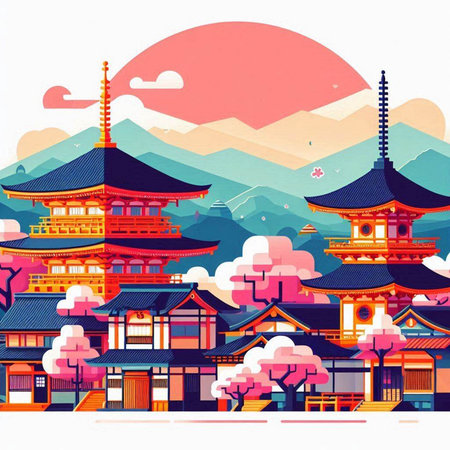 Korean traditional houses and mountains. Vector illustration in flat style.のイラスト素材