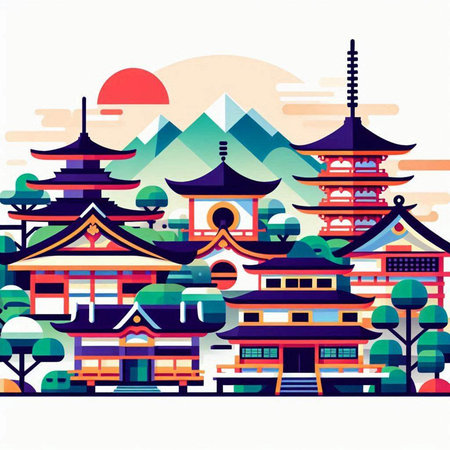 Landscape of a japanese temple. Vector illustration in flat style.のイラスト素材