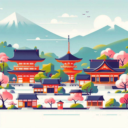 Korean traditional houses and mountains in the background. Vector illustration.のイラスト素材