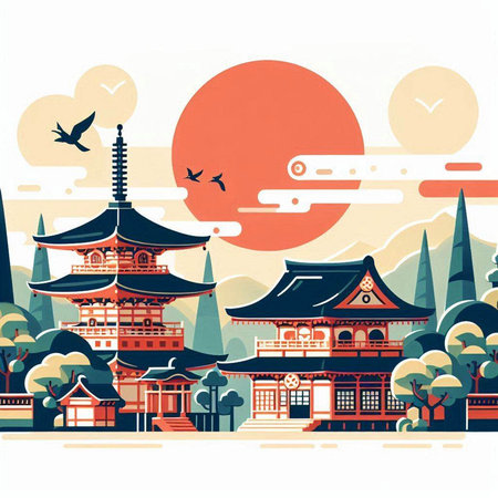 Traditional Japanese architecture. Vector illustration. Travel and tourism in Japan.のイラスト素材