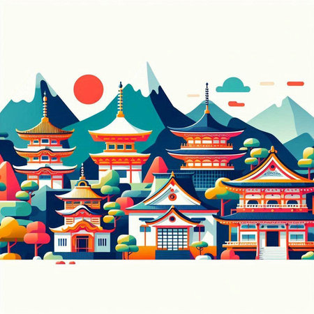 Korean traditional houses and mountains in the background. Vector illustration.のイラスト素材