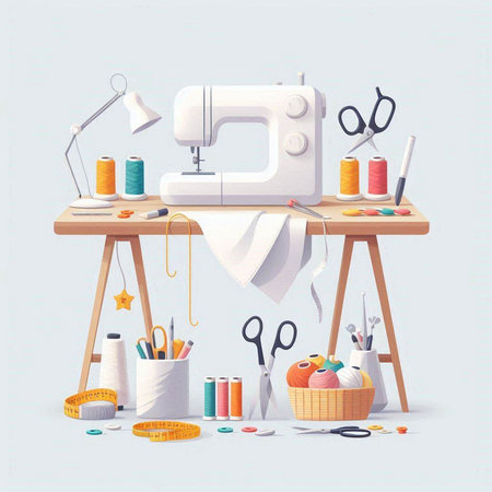 Sewing machine, tools and accessories for sewing. Vector illustration.のイラスト素材