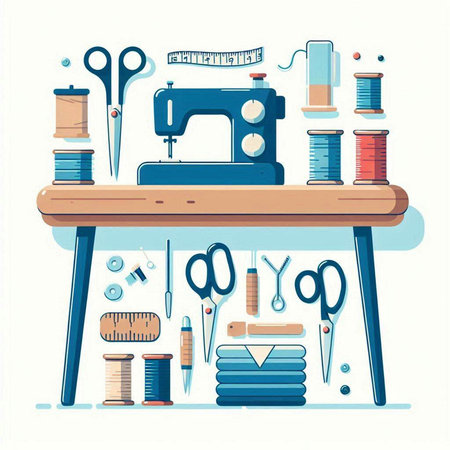Sewing tools in a workshop. Vector illustration in flat styleのイラスト素材