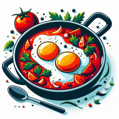 Fried eggs in a frying pan with parsley and tomatoes. Vector illustration.のイラスト素材