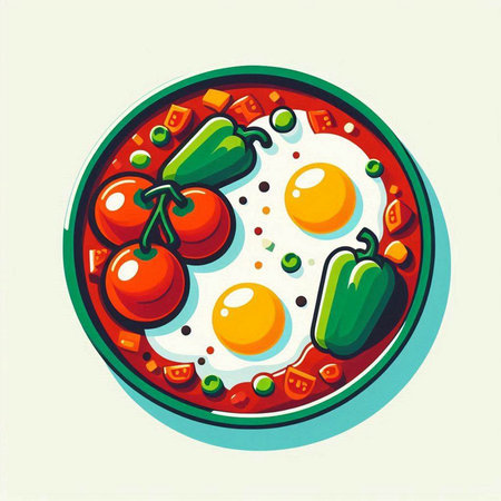 Fried eggs with vegetables on a plate. Vector illustration in retro style.のイラスト素材