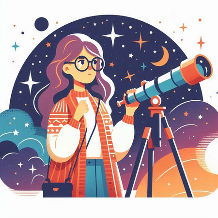 Vector illustration of a girl looking through a telescope in the starry nightのイラスト素材