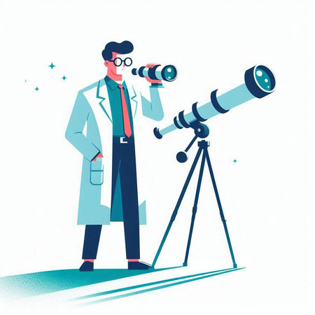 Scientist looking through binoculars. Vector illustration in cartoon styleのイラスト素材