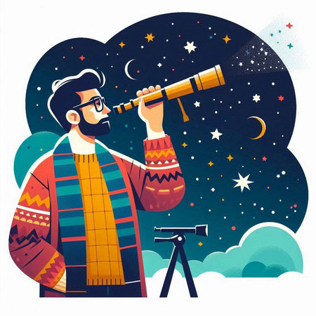 Vector illustration of a man looking through a telescope at the night skyのイラスト素材