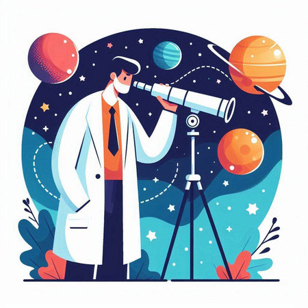 Astronaut in outer space. Astronaut looking through telescope. Vector illustrationのイラスト素材