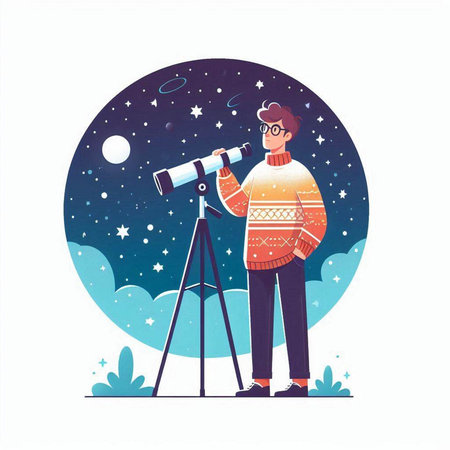 Man looking through a telescope in the night sky. Vector illustration.のイラスト素材