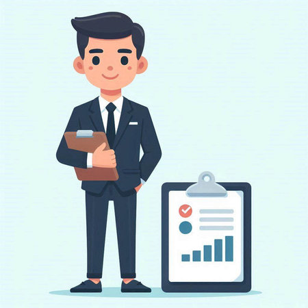 Businessman with clipboard and report. Vector illustration in cartoon style.のイラスト素材