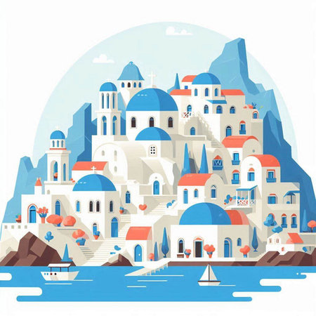 Santorini. Greece. Vector illustration in flat style.のイラスト素材