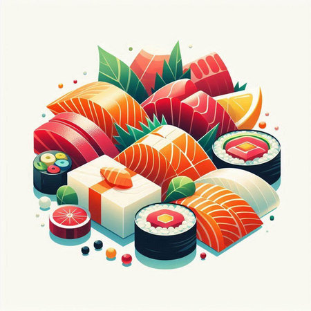 Sushi roll with salmon, tuna, caviar, cream cheese, avocado, red caviar, cucumber, cream cheese, salmon, eel. Sushi menu. Japanese food. Vector illustration.のイラスト素材