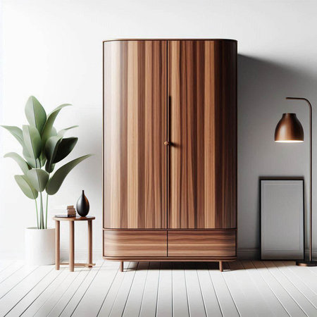 Interior of modern living room with wooden cupboard, 3d renderのイラスト素材