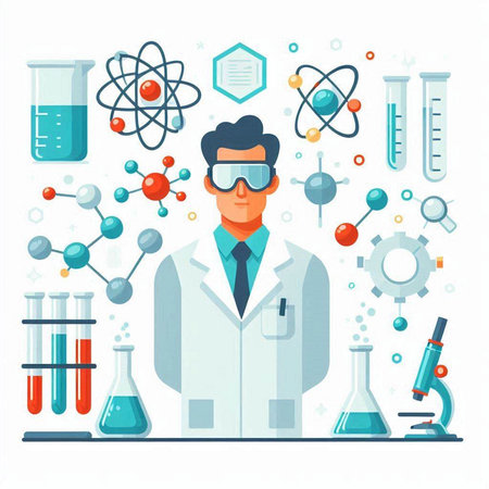 Scientist in white coat and glasses with chemical laboratory equipment. Vector illustrationのイラスト素材