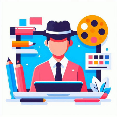 Businessman working on laptop in office. Vector illustration in flat styleのイラスト素材