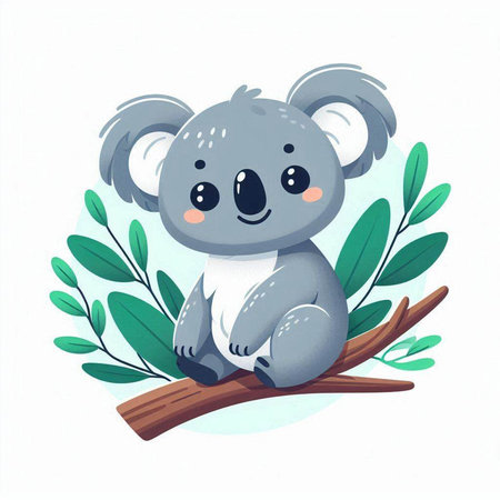 Cute cartoon koala sitting on a tree branch. Vector illustration.のイラスト素材