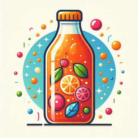 Juice bottle with fruits and berries. Colorful vector illustration.のイラスト素材