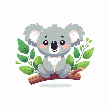 Cute cartoon koala with green leaves on white background. Vector illustration.のイラスト素材