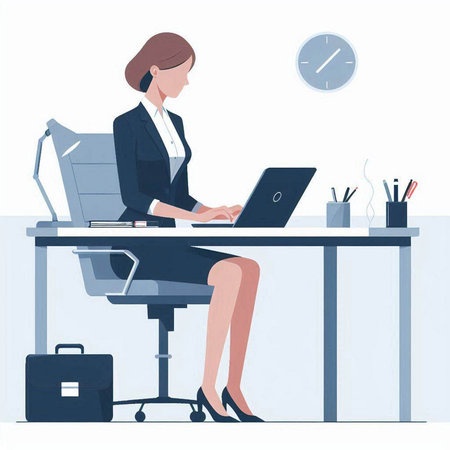 Businesswoman sitting at the desk and working on a laptop. Vector illustration.のイラスト素材