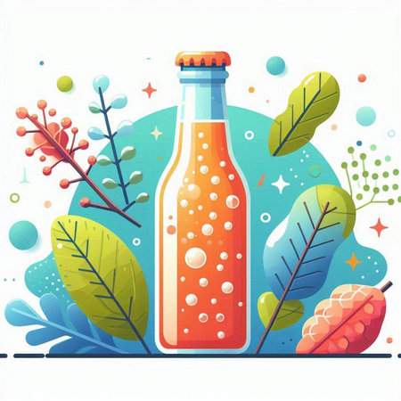 Bottle of fruit juice with leaves and berries. Vector illustration.のイラスト素材