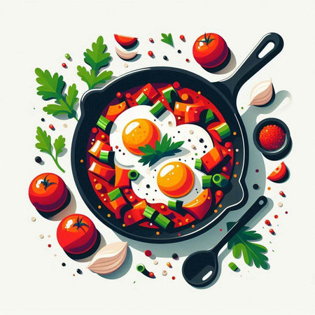 Fried eggs with vegetables in a frying pan. Vector illustration.のイラスト素材