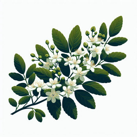 Jasmine branch with flowers and leaves isolated on white background.のイラスト素材