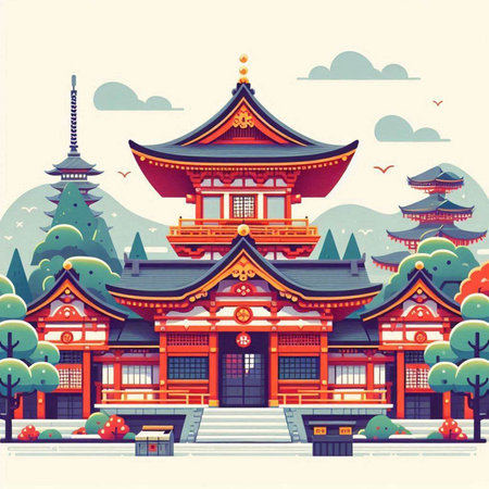 Illustration of traditional chinese temple in flat style. Vector illustrationのイラスト素材