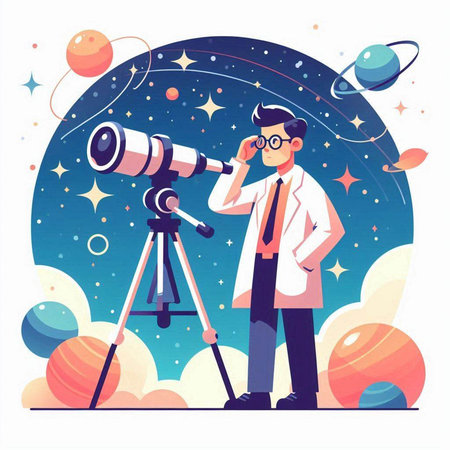 Scientist looking through telescope. Astronomy, science, discovery concept. Vector flat illustrationのイラスト素材