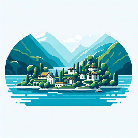 Beautiful landscape with lake, mountains and houses. Vector illustration.のイラスト素材