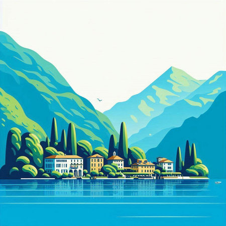 Landscape of Lake Como in Italy with mountains and houses, vector illustrationのイラスト素材